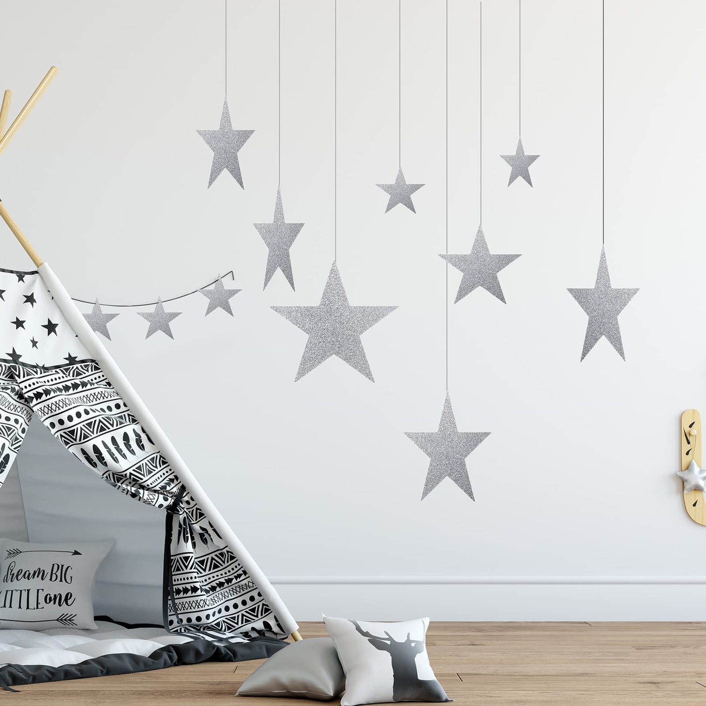 Boao 144 Pieces Silver Stars Shaped Cutouts Silver Cardboard Stars 4 Sizes 6cm/12cm/20cm/30cm Hanging Glitter Garlands with Nylon String for Wedding Birthday Party Graduation Classroom Wall Decor