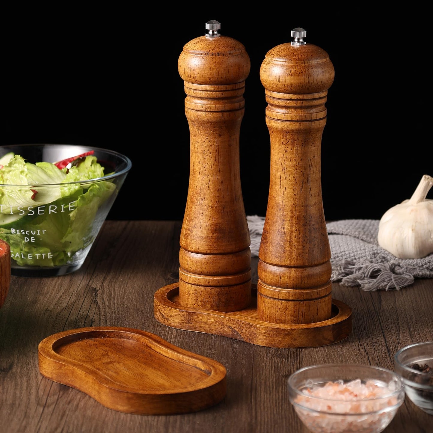 BINHAI Salt and Pepper Wood Mill Tray, Retro Colour Pepper Grinder Rest, Work Surface and Dining Table Protector (Pepper Mill not Included)