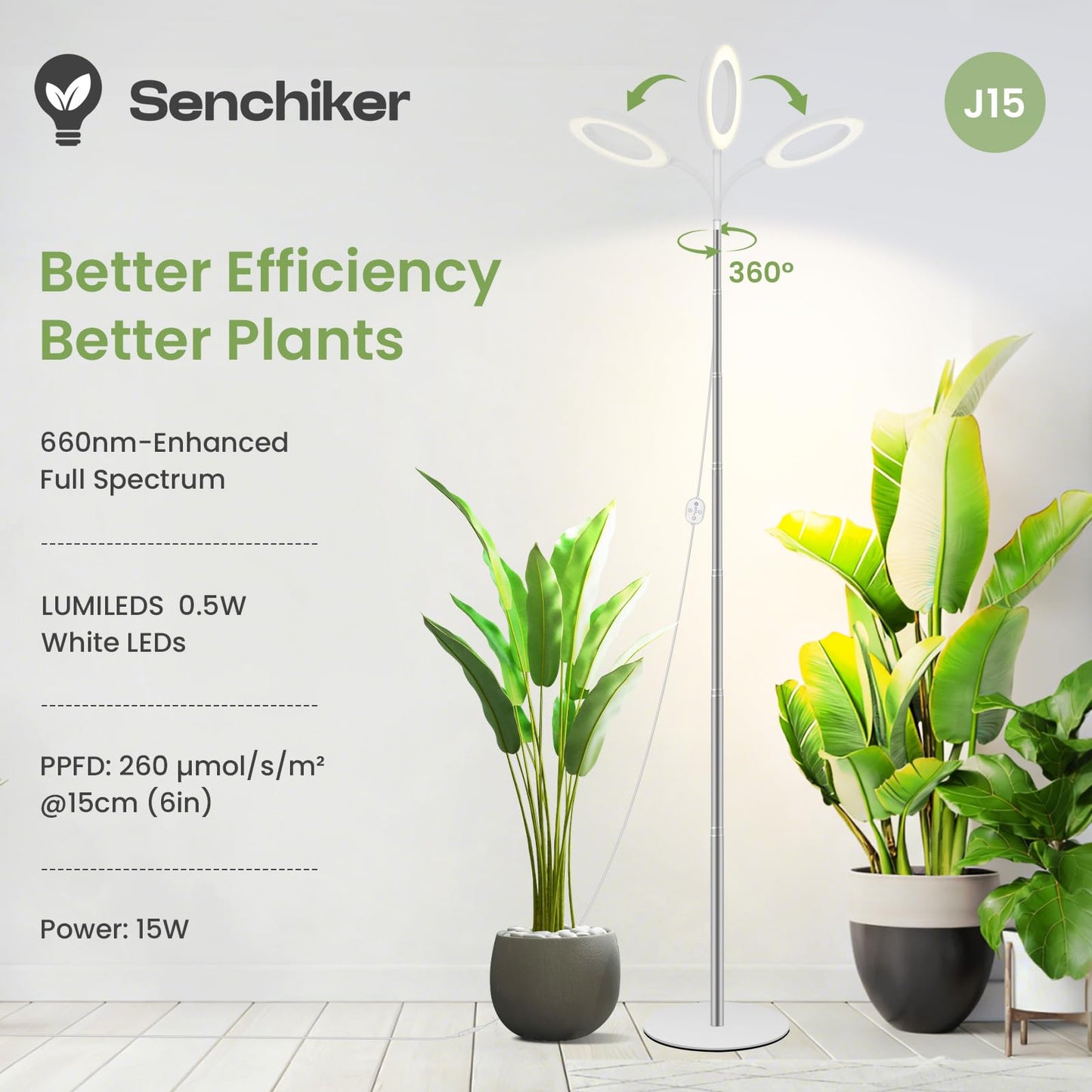 Grow Lights for Indoor Plants 24V, 660nm-Enhanced Full Spectrum, LUMILEDS LED Plant Light, 6.3in Grow lamp with Timer & Dimming, Adjustable Height 14-59in, 15W, 260μmol/s/m²@15cm(6in), J15-W