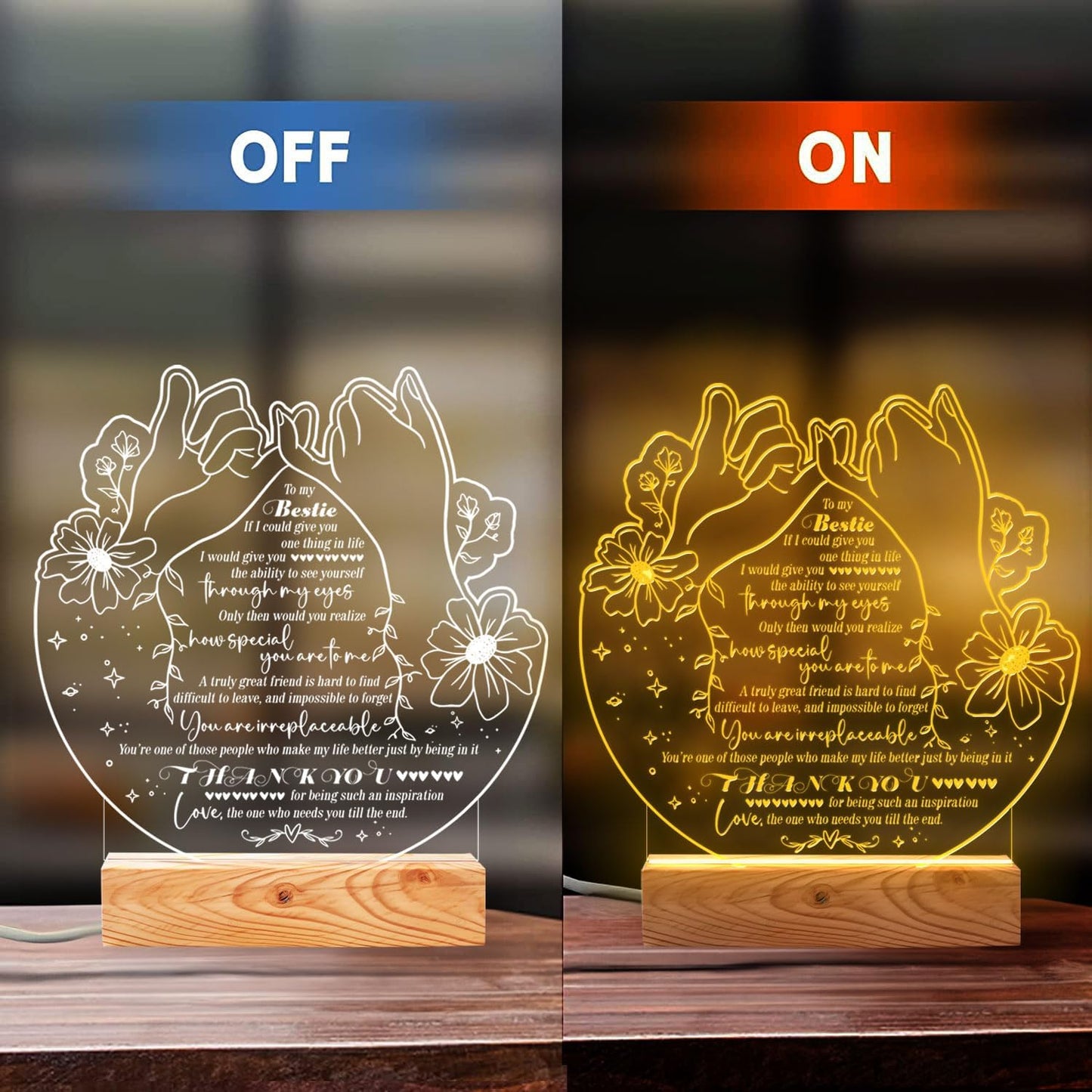Bestie Gifts Heartfelt LED Night Light for Best Friend - Bestie Birthday Gifts - USB Powered Lamp with Pinky Promise Design and Touching Message - Wooden Base - Perfect Friendship Gift for Home Decor