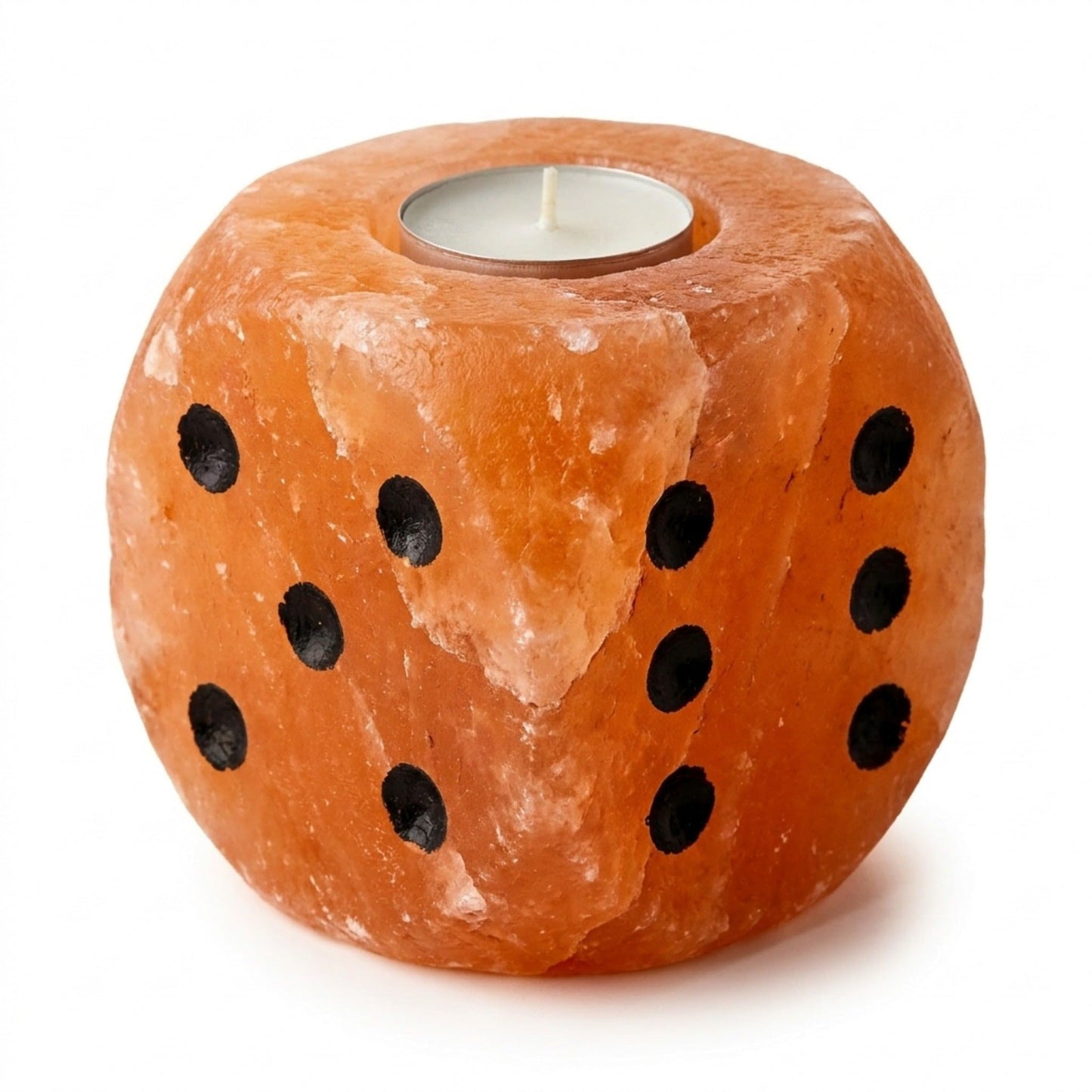 Himalayan Rock Salt Natural Crystal Game Dice Style Candleholder, Game Dice - Soft Calm Therapeutic Candle Light - Handcrafted Design Salt Crystal - Candleholder, Dark Orange Hue