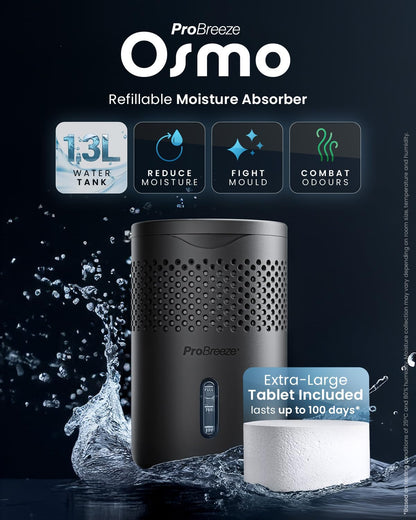 Pro Breeze Osmo® Dehumidifier - Silent & Refillable Moisture Absorber for Damp & Condensation at Home, Bedroom, Wardrobe, Car - Bathroom Mould Remover with 700g Refillable Tablet - Black