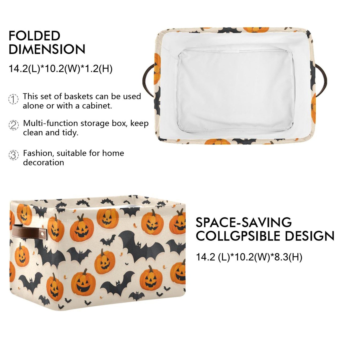 Wamika Happy Halloween Storage Basket with Waterproof Liner and PU Handles Spooky Pumpkin Black Bat Storage Bins Boxes 14.2" Collapsible Decorative Organizer Baskets for Bedroom Closet Office 1 Pack