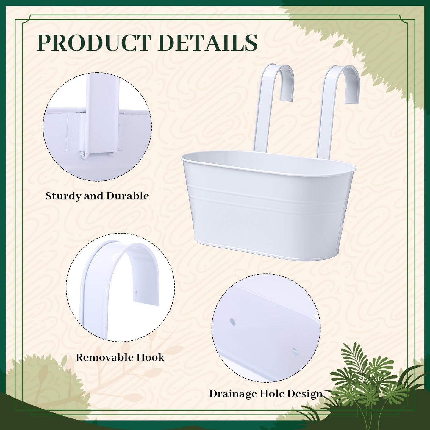 Romooa 16 Pcs Hanging Flower Pots Planters for Outdoor Metal Iron Wall Flower Planter Baskets for Railing Fence Balcony Garden Yard Home Indoor Decoration with Detachable Hooks(White)