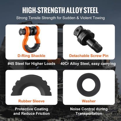 VEVOR 3/4" D Ring Shackle, Orange Shackles for Truck with 7/8” Screw Pin 62832 lbs(28.5 Ton) Break Strength Black Isolator Washers Kit, Winch Towing Shackle for Truck Jeep Heavy Duty Off Road Recovery