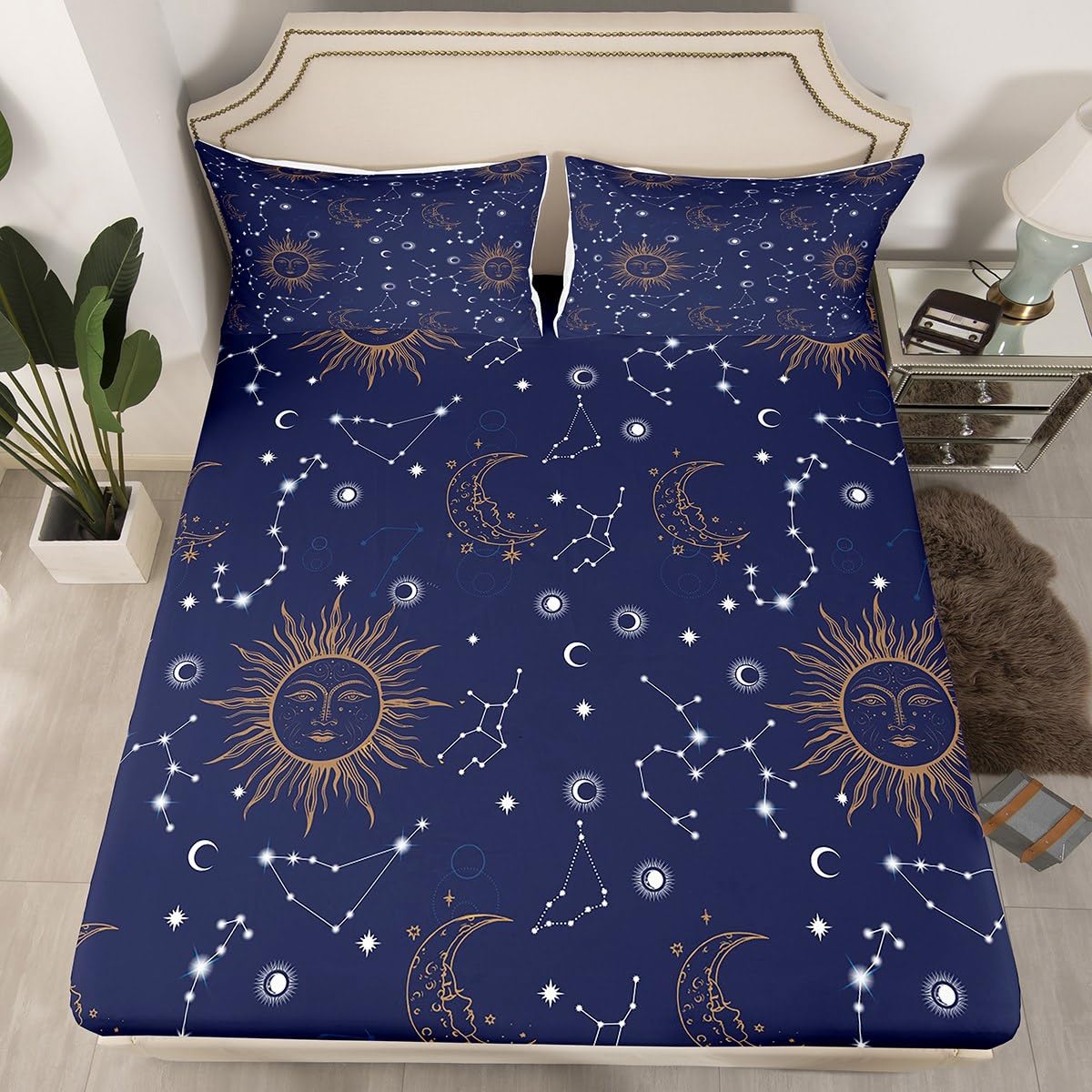 Castle Fairy Kids Golden Sun Moon Fitted Sheet Set King Size 4pcs,Stars Planets Bedding Set(1 Fitted,1 Flat,2 Pillowcases),Navy Blue Universe Luxury Deep Pocket Bed Sheets for Girls Teesn Room
