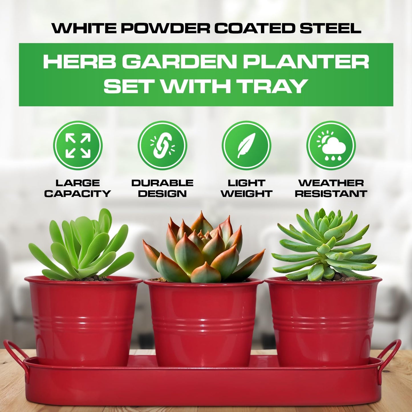 Plexon Herb Planter Indoor Garden Set of 3 with Tray, Metal Herb Pots for Indoor Plants, Round Kitchen Garden Kit Ideal for Windowsill Planter or Countertop, Red Powder Coated