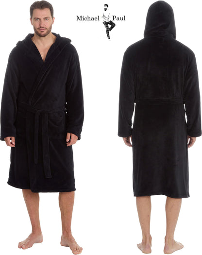MICHAEL PAUL Dressing Gowns for Men | Super Soft Luxury Hooded Dressing Gown | Men's Warm and Cozy Fleece Nightwear Robe | Gifts for Men L BLACK
