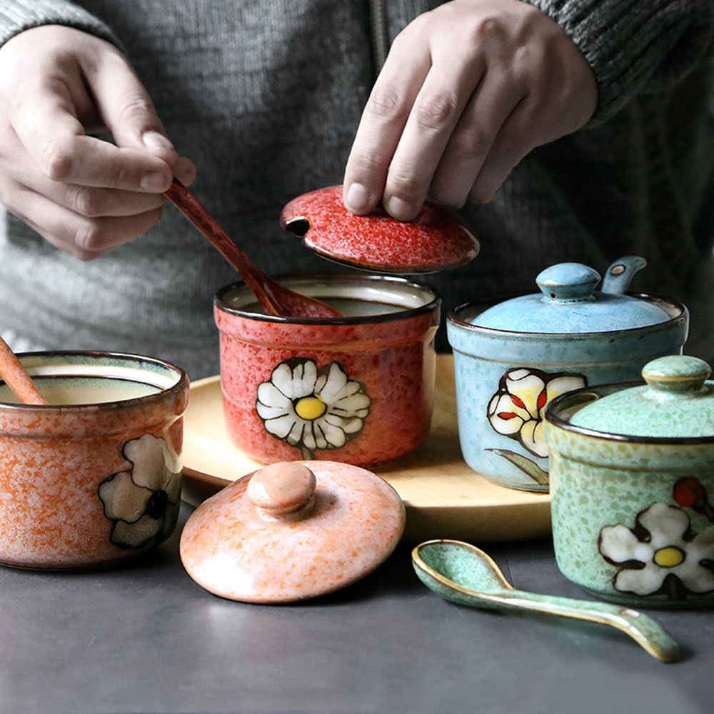 Ceramic Retro Flower Sugar Bowl Seasoning Pot with Lid And Spoon