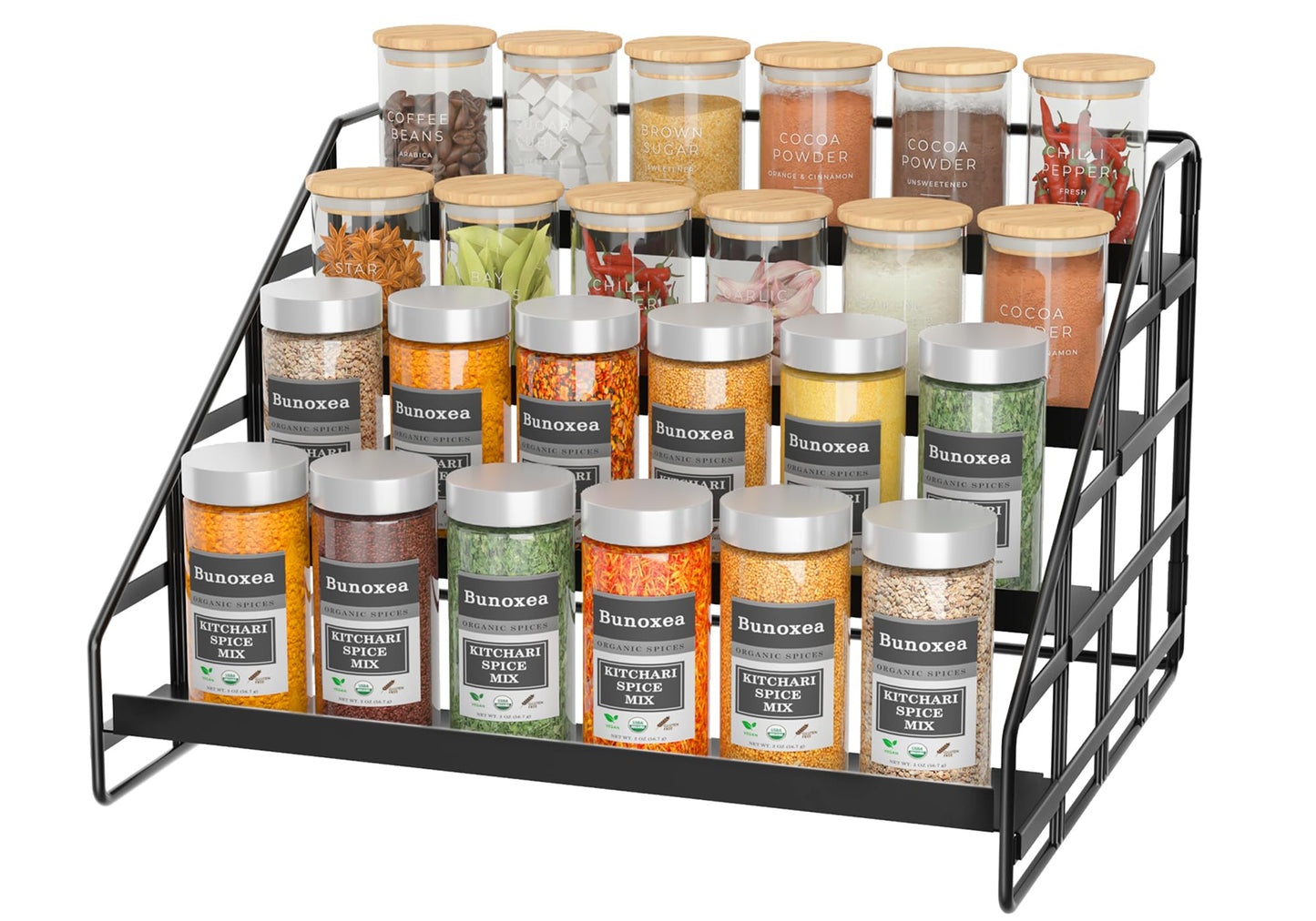 Bunoxea 4 Tier Adjustable Spice Rack for Cabinet & Countertop, Black
