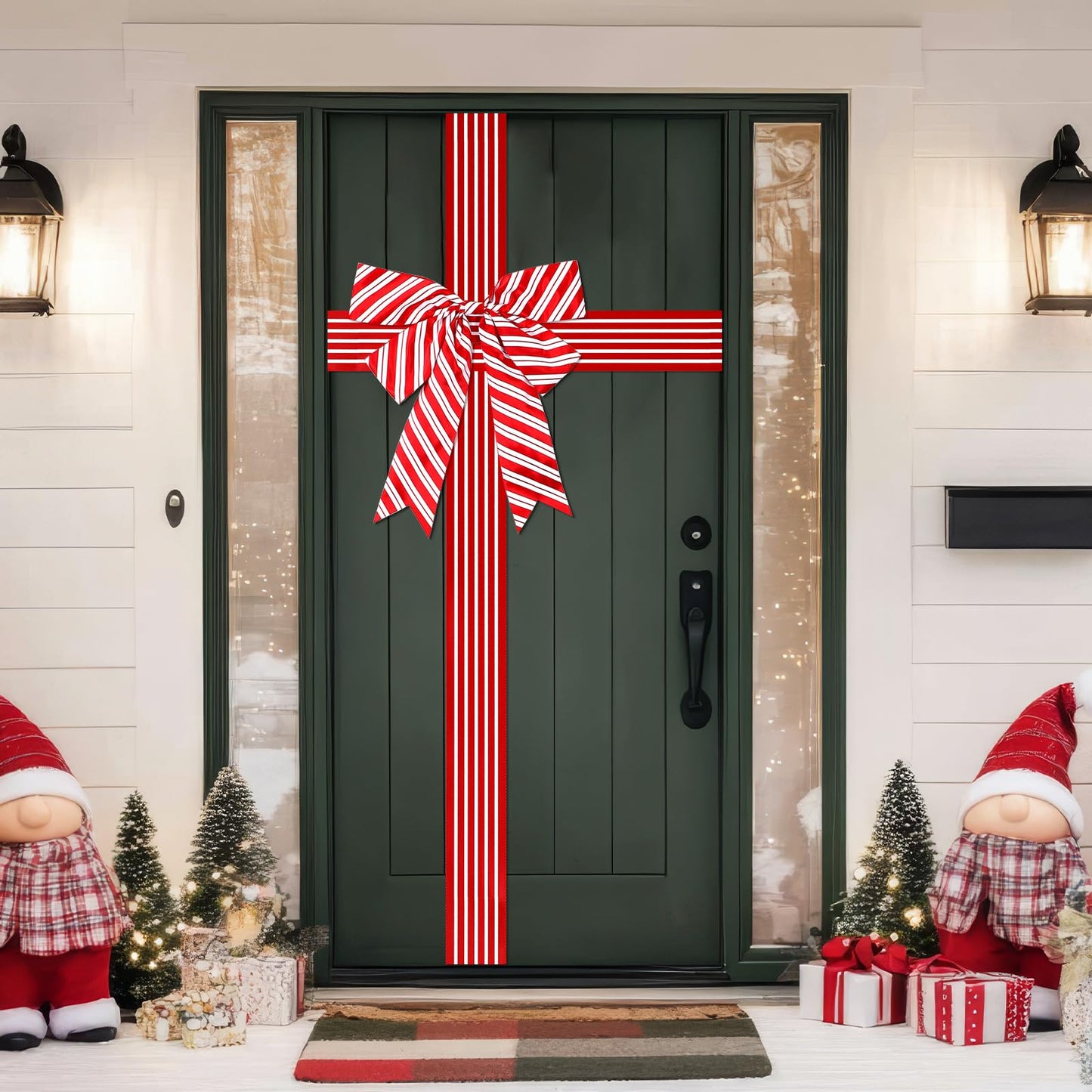 2 Pcs Christmas Cabinet Door Ribbon Bow Large Christmas Wreath Bow Red and White Stripe Festival Wrapping Decorations Xmas Candy Cane Bows for Tree Fireplace Home Holiday Front Door Party Supplies