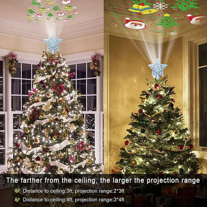 YUEWO Star Christmas Tree Topper Lighted with LED Rotating Snowflake Projector Lights, 3D Hollow Silver Star Snow Tree Topper for Christmas Tree Decorations