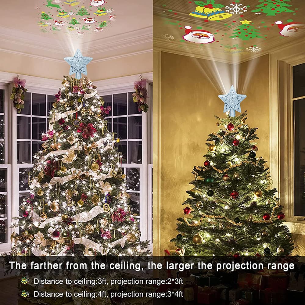 YUEWO Star Christmas Tree Topper Lighted with LED Rotating Snowflake Projector Lights, 3D Hollow Silver Star Snow Tree Topper for Christmas Tree Decorations