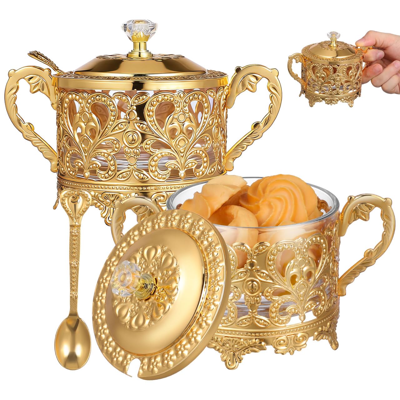 Sugar Bowl, 2 Sets Turkish Sugar Bowl with Lid and Spoon Condiment Pots Seasoning Box Golden Embossed Glass Candy Jar Coffee Bar Accessories
