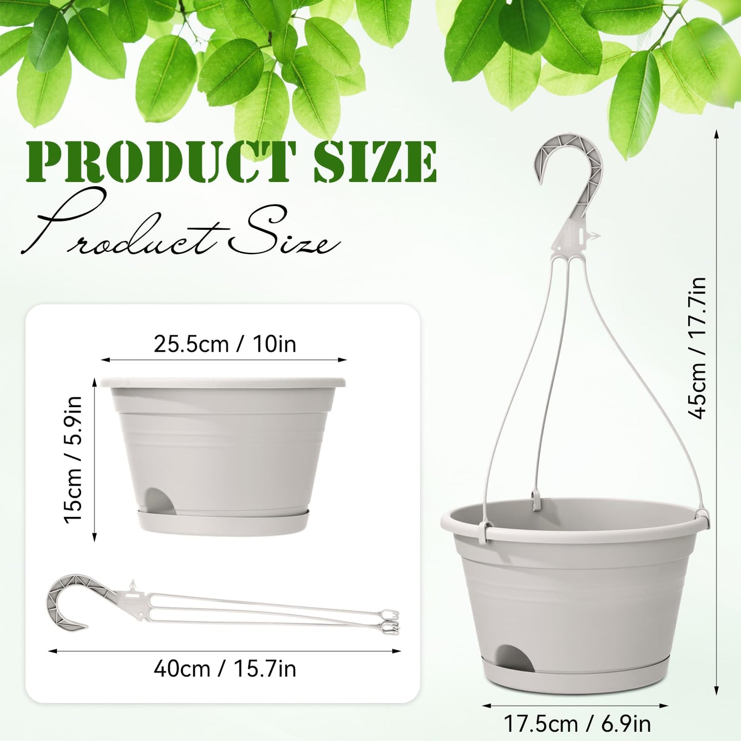 Roshtia 20 Pcs 10 Inch Hanging Baskets for Plants Large Plastic Hanging Basket Pots with Drainage Trays Self Watering Planter Pots for Outdoor Indoor Plants Flowers Garden Balcony (Grey White)