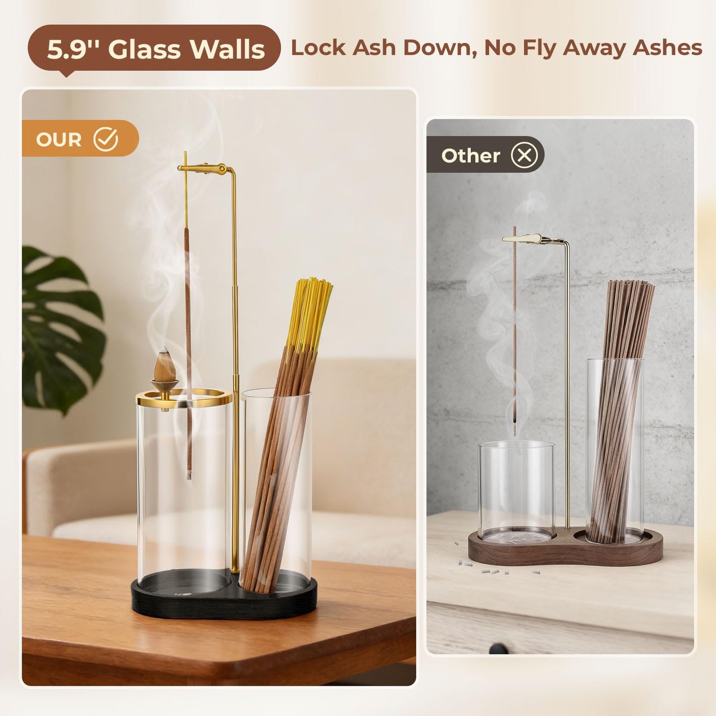 3 in 1 Incense Holder for Sticks Upside Down Anti-Ash Incense Burner with Glass Ash Catcher Backflow Cone Incense Diffuser with Adjustable Threaded Mounting for Mediation Yoga Spa Gifts Home Decor