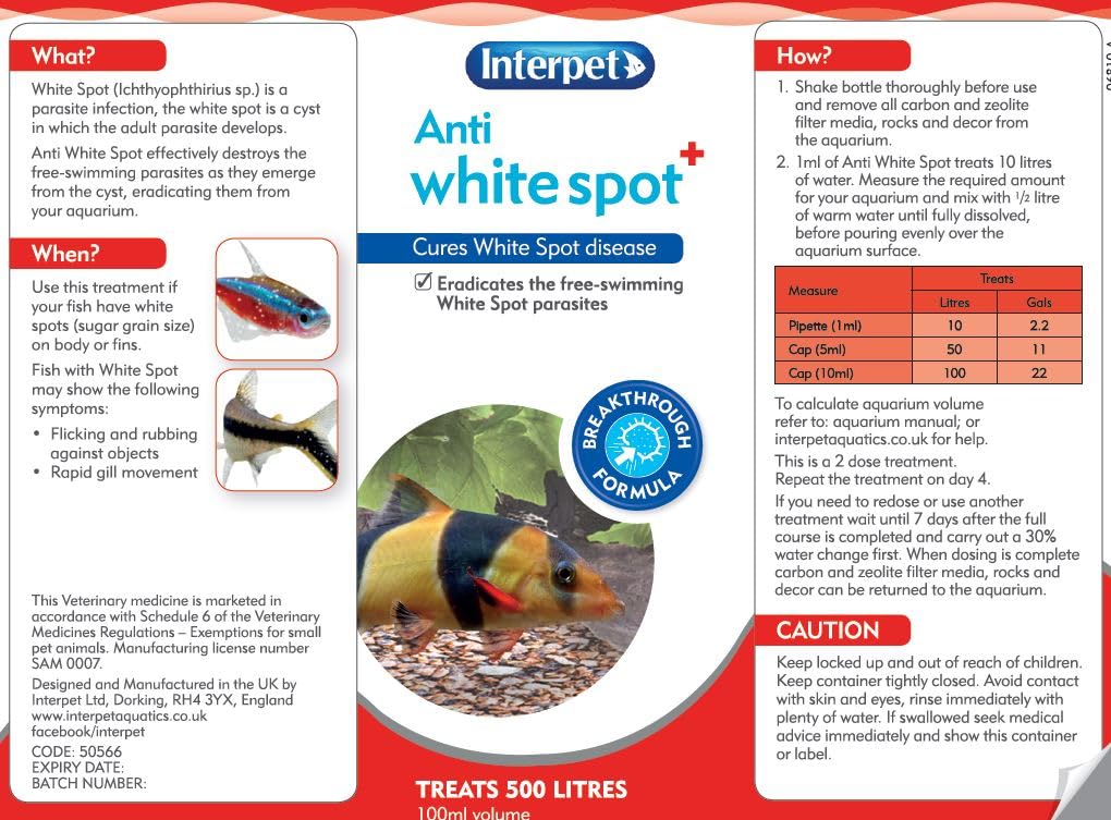 Interpet Anti White Spot Aquarium Fish Treatment, Cures White Spot Disease, Eradicates Free-Swimming White Spot Parasites, 100 ml, Treats 500 litres