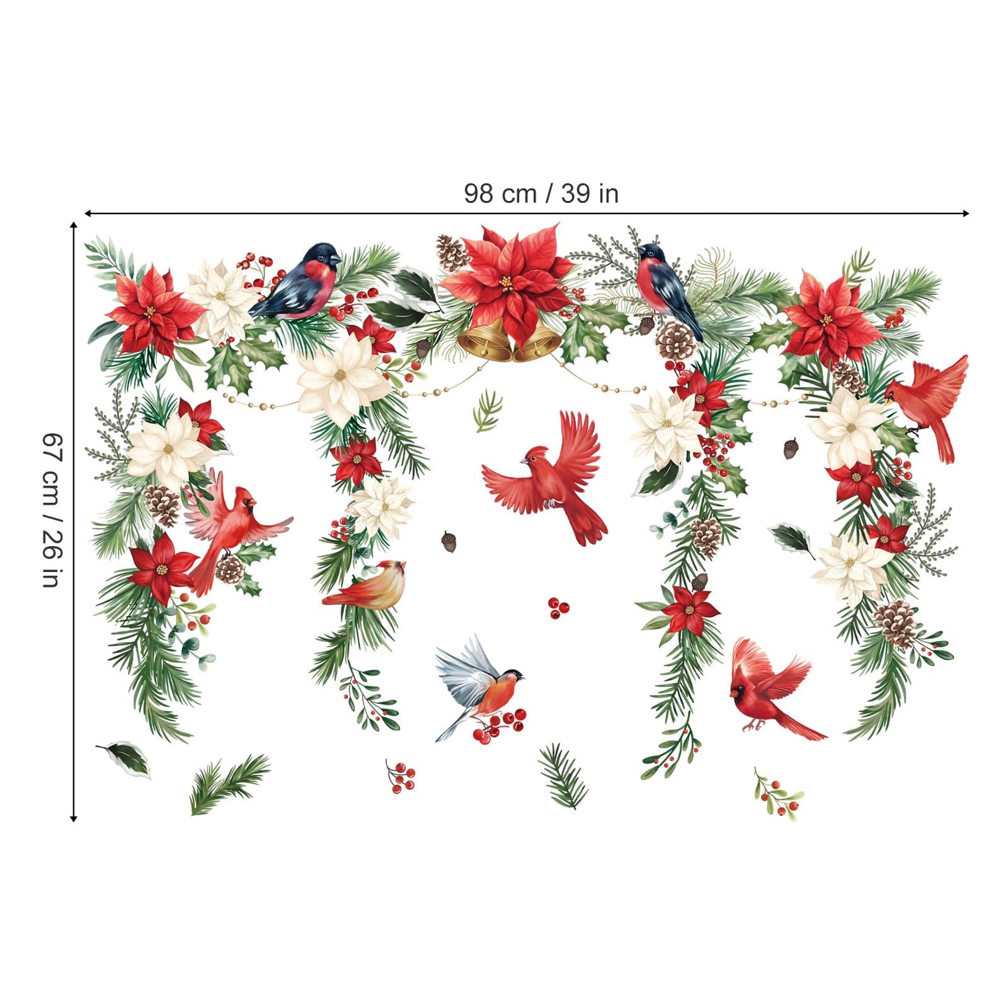 wondever Christmas Flower Cardinal Wall Stickers Christmas Leaves and Floral Red Bird Christmas Window Wall Art Decals for Party Window Xmas Home Party