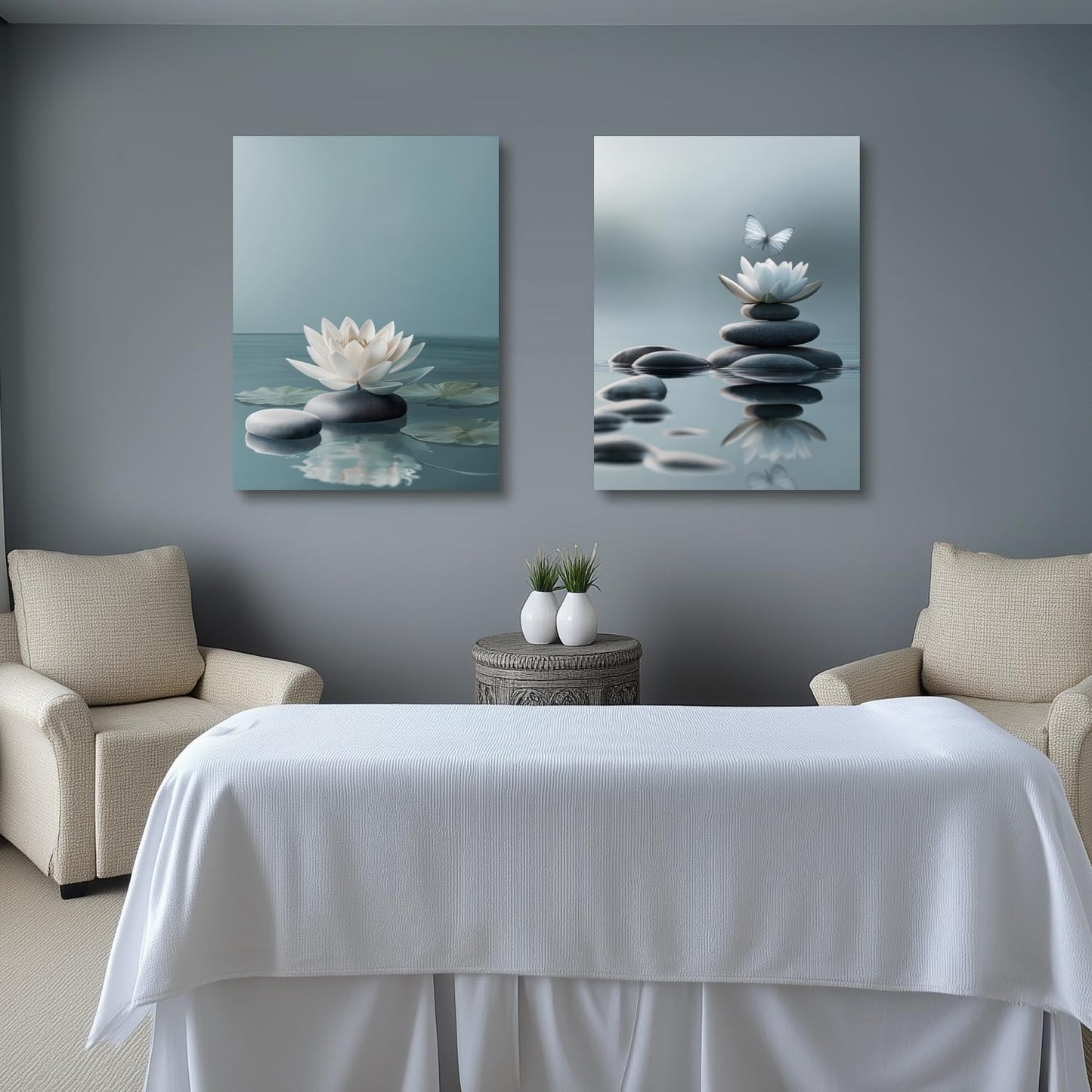 GELDSTEI Calm Zen Botanical Canvas Wall Art, White Lotus Blooming on Stones in Water Aesthetic Pictures, Yoga Spa Meditation Room Decor, Modern Spiritual Poster Prints for Zen Office Framed Set of 3, Each 12x16 Inch