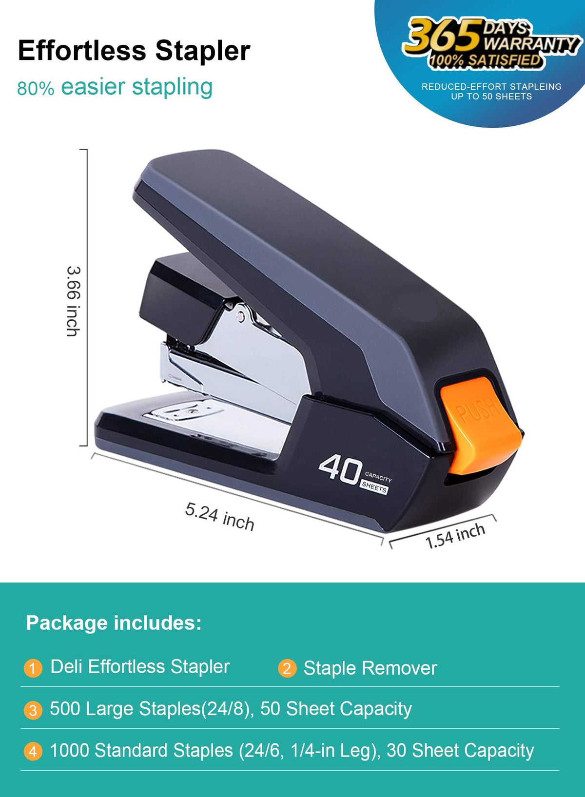 Leven Effortless Desktop Stapler, 40 Sheet Capacity, One Finger Touch Stapling, Easy to Load Ergonomic Heavy Duty Stapler, Includes 1500 Staples and Staple Remover