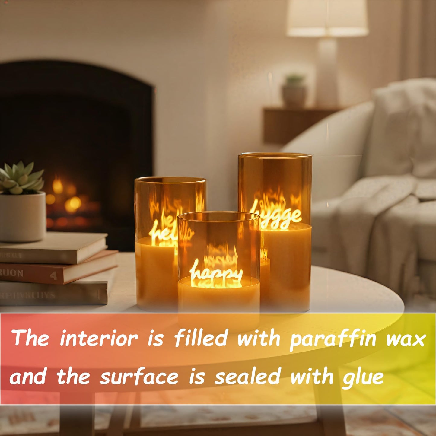 EXORUN Gold Glass Flameless Pillar Candles,LED Fake Candles Battery Operated Set of 3(Hello Happy and Smile)