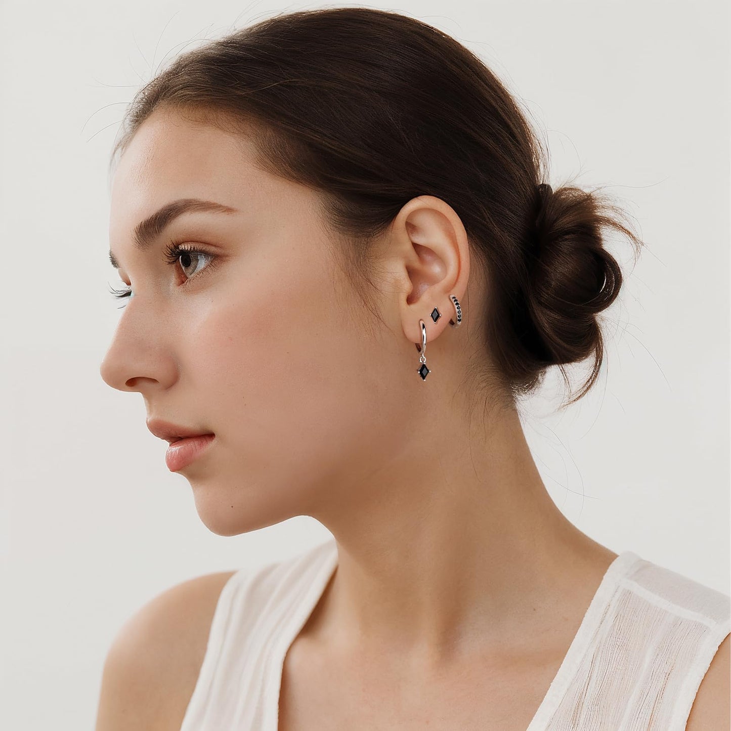 3 Pairs Sterling Silver Earrings Set for Women, Hypoallergenic Silver Black Earrings for Women Dangling, Dainty Huggie Hoop Black Earring Stacks Stud Earring Trendy Jewelry Gifts