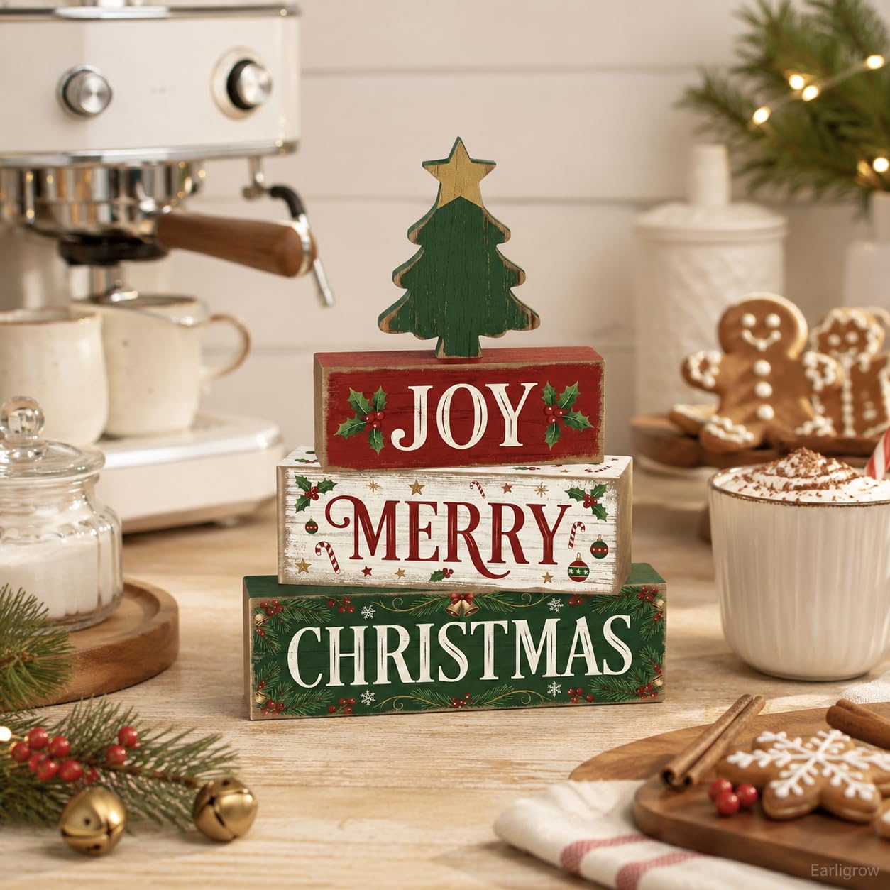 4 Pcs Christmas Decor Joy Merry Christmas Wooden Block Signs Farmhouse Rustic Tabletop Centerpiece Xmas Tiered Tray Decor with Green Tree for Home Kitchen Mantel Shelf Party Gift