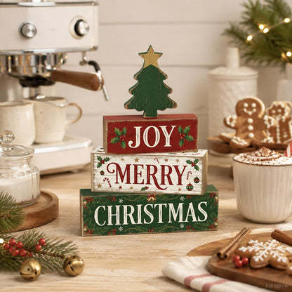 4 Pcs Christmas Decor Joy Merry Christmas Wooden Block Signs Farmhouse Rustic Tabletop Centerpiece Xmas Tiered Tray Decor with Green Tree for Home Kitchen Mantel Shelf Party Gift