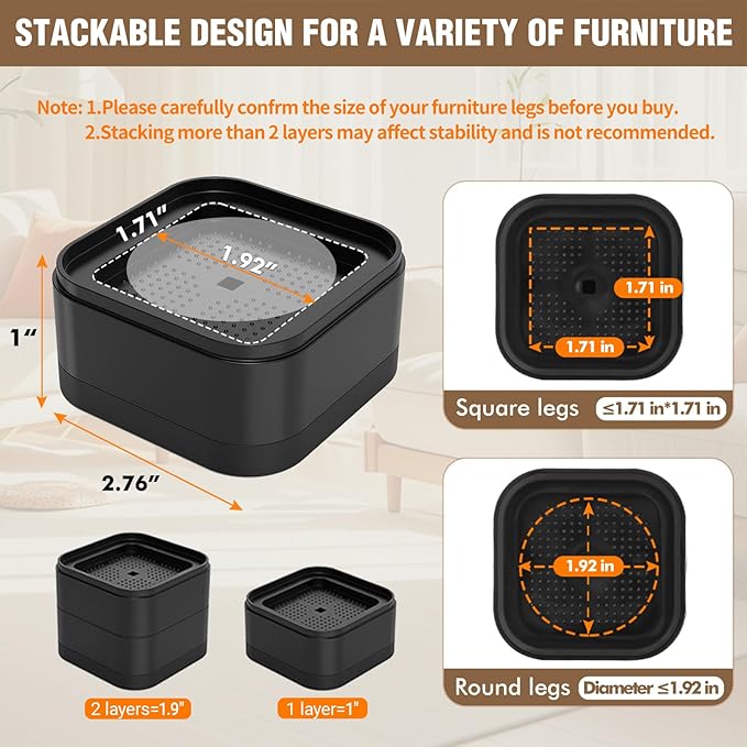 8 Pack Furniture Risers Adjustable Bed Risers Heavy Duty Lifts Height 1 or 2