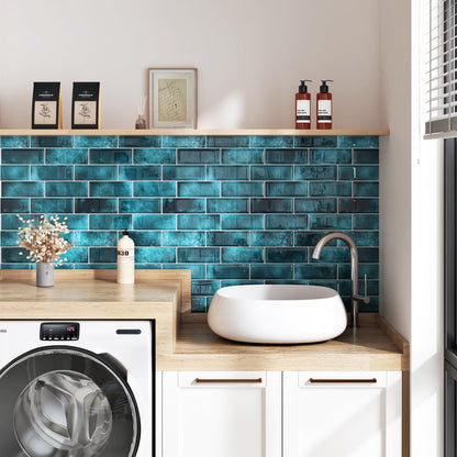 Wallercity Marble Blue Peel and Stick Backsplash Glossy Wall Tile Stickers Vinyl Self Adhesive Stick on Subway Tile Back Splash for Kitchen Bathroom 12''x12'' Waterproof 3D Art Wall Tiles Decor 10PCS