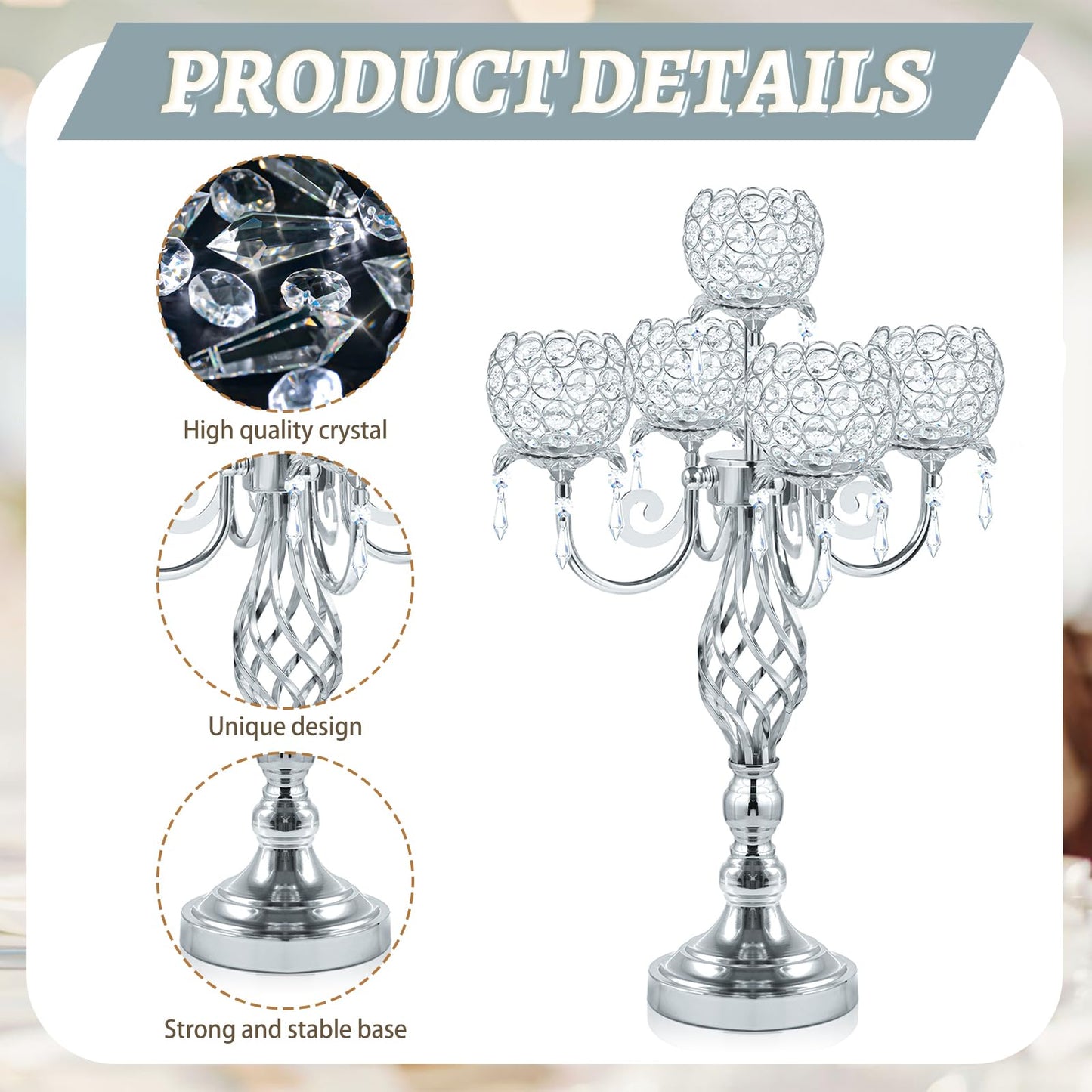 Kehail 5-Arm Crystal Candelabra Centerpiece 23.2" Tall - Elegant Candle Holder Stand with Crystal Bowl, Chic Table Decor for Weddings, Parties, Anniversary & Home Decoration (2, Silver)