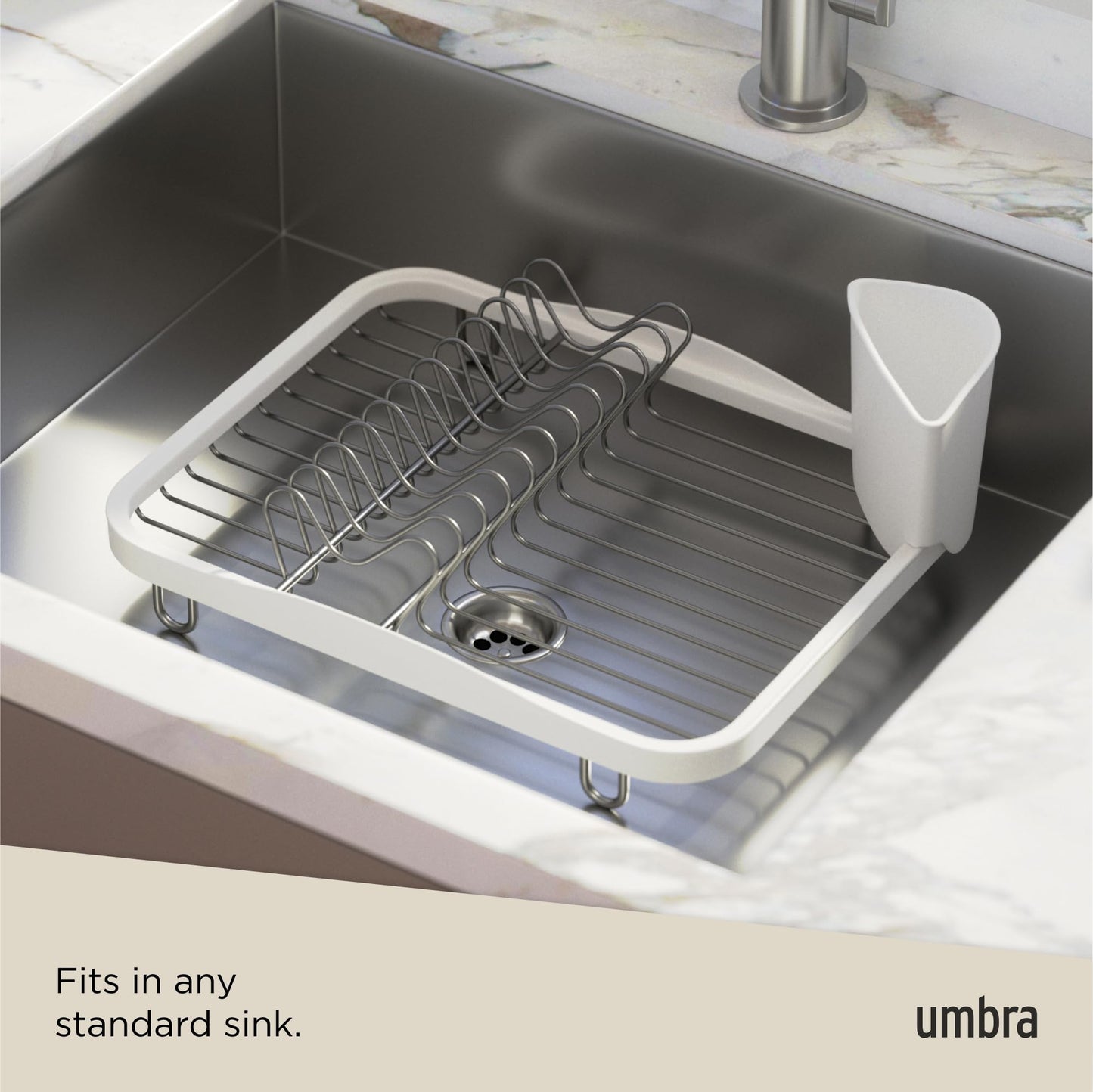 Umbra Sinkin Drying Rack – Dish Drainer Caddy with Removable Cutlery Holder Fits in Sink or on Counter top, Medium, White/Nickel Kitchen