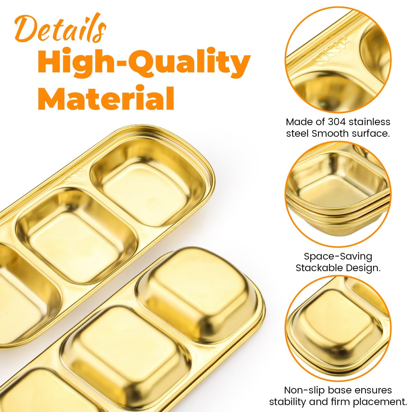 Sekonow Stainless Steel Soy Sauce Dish, 3 Grids Metal Dipping Bowls, Small Sauce Cups for Side Dishes Appetizer Dip Ingredient Prep Charcuterie, Gold Condiment Tray, 6 Pack