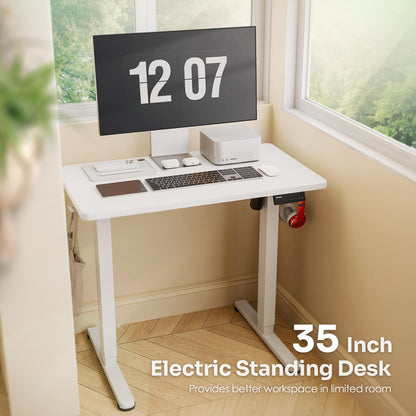 Monomi Small Electric Standing Desk, 35" x 20" Whole Piece Height Adjustable with Memory Controller, White Sit to Stand Desk Workstation for Home Office