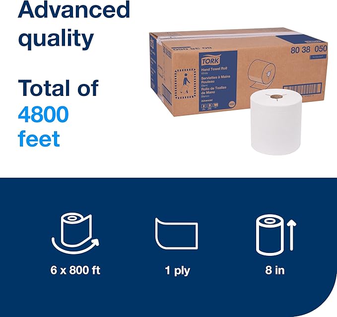 Tork Paper Hand Towel Roll White H80, High Absorbency, 6 Rolls x 800 ft