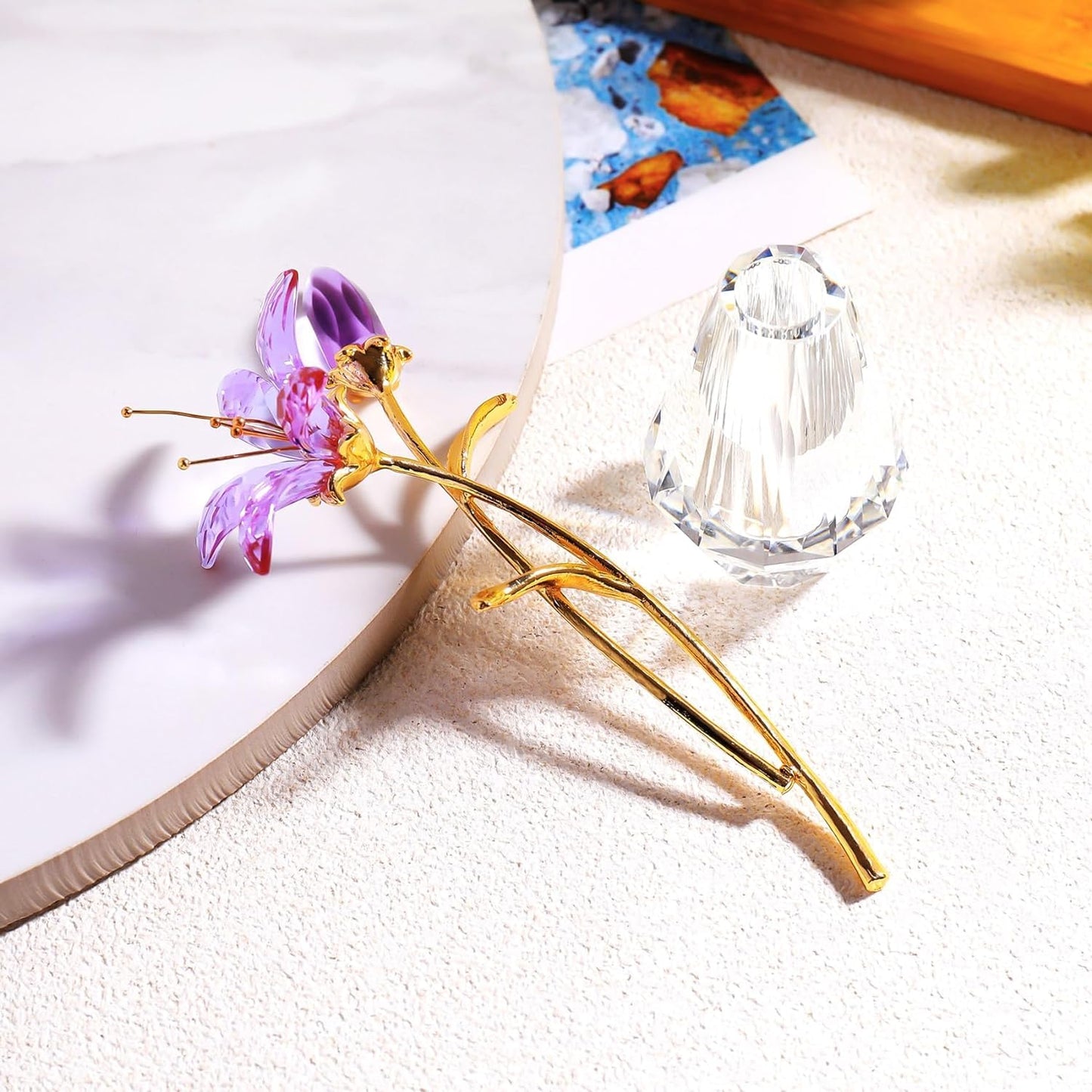 Purple Crystal Lily Flower Figurine with Stems - Handmade Collectible Statue for Decoration Mothers Day Centerpiece Valentines Day Bridal Shower Gift