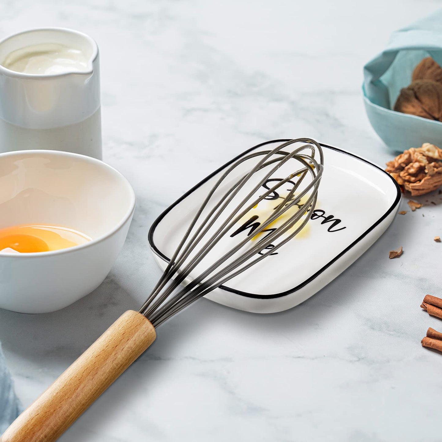 Ceramic Spoon Rest for Stove Top, Extra Large Spoon Holder, Farmhouse Spoon Rest for Kitchen Counter, White Bundle Farmhouse Salt and Pepper Bowls, 10 oz Ceramic Salt Cellar with Wooden Lid