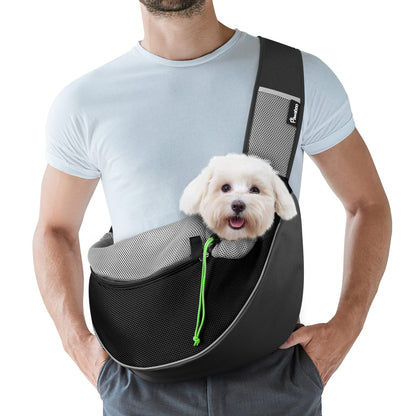 Pawaboo Pet Dog Sling Carrier, Hand Free Drawstring Dog Papoose with Adjustable Strap, Breathable Mesh Bag for Puppy Cat, Crossbody Satchel Dog Purse with Pocket for Outdoor Travel, Black, Small