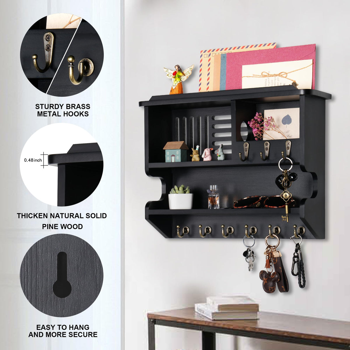 Mutsault Key Holder for Wall, Mail and Key Holder for Home Decor, Key and Mail Holder for Wall with Key Hooks, Black
