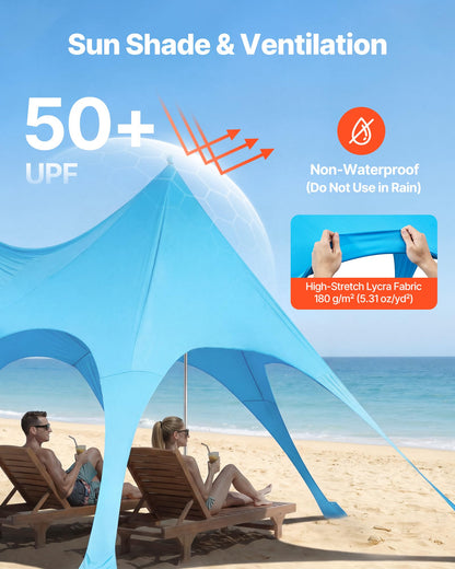 VEVOR Beach Tent Sun Shelter, UPF50+ Sun Protection, 9.2 ft Tall, 20 x 13 ft, Easy Pop Up Beach Canopy with Sandbags, Stability Poles, Sand Shovels, Portable Shade for Family Outings, Camping, Fishing