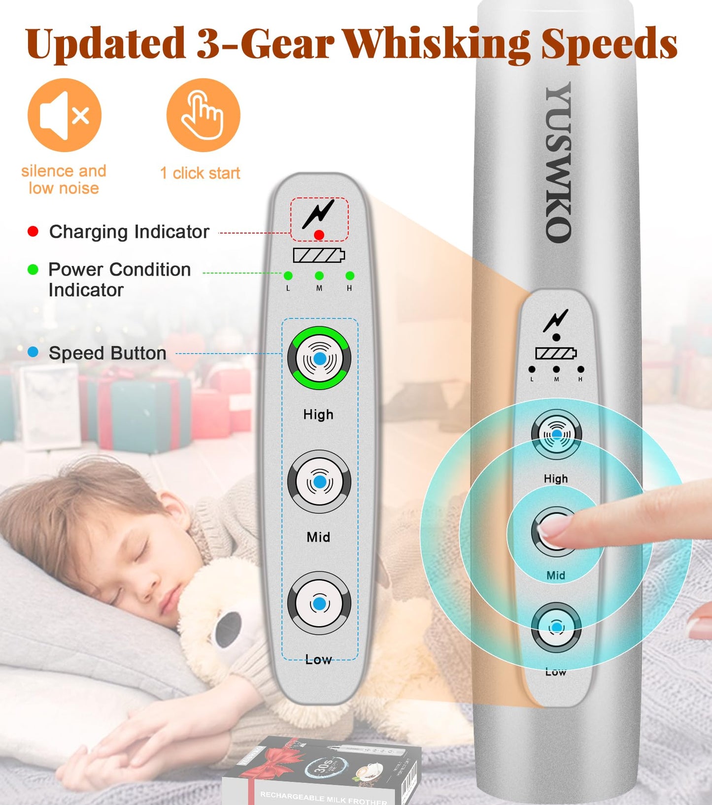 YUSWKO Black Handheld Milk Frother Wand for Coffee, Rechargeable Electric Whisk with 3 Heads 3 Speeds Drink Mixer Coffee Frother For Latte, Cappuccino, Hot Chocolate, Egg