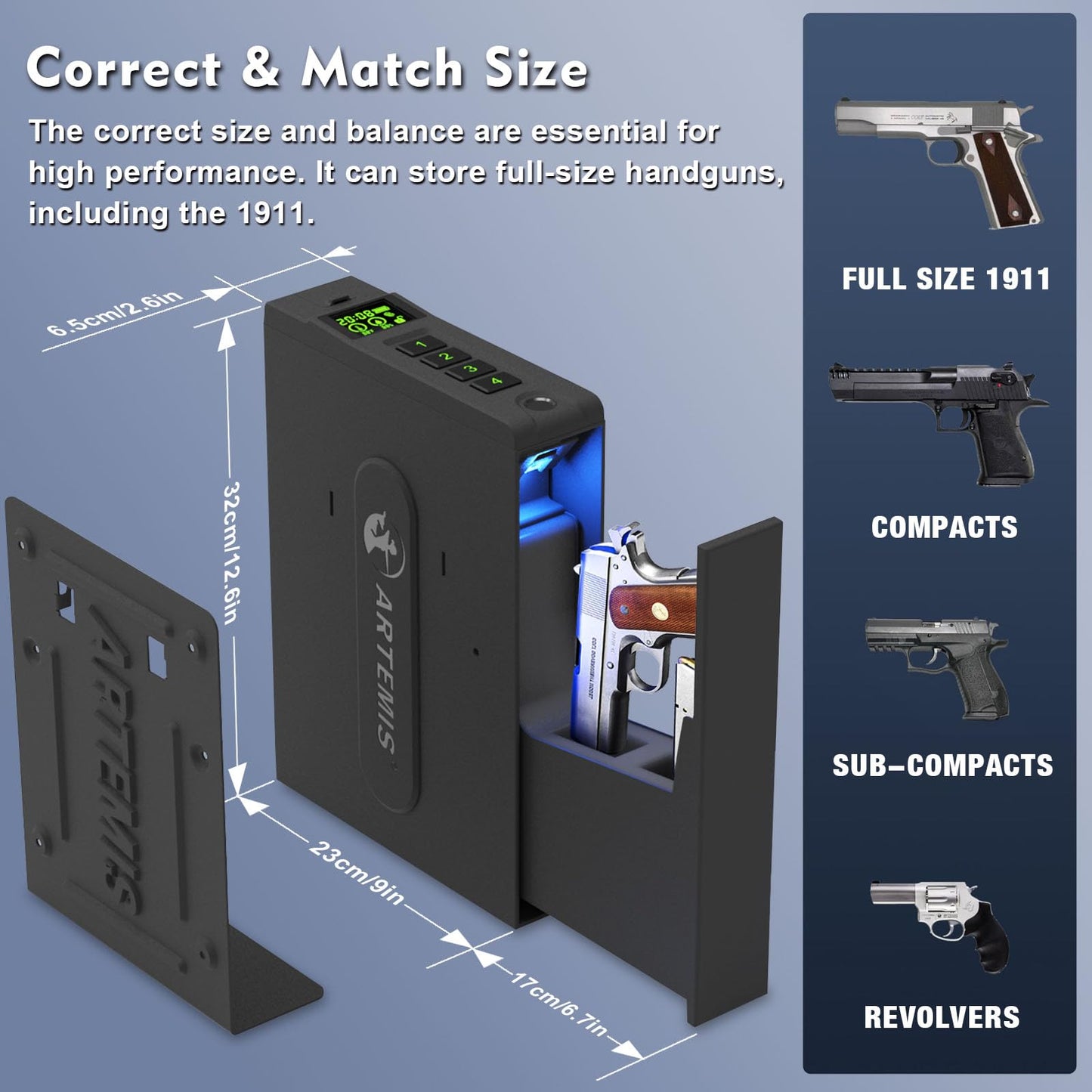 Biometric Slider Handgun Gun Safe for Home Nightstand,Cloakroom, Desk,Bed Side,Truck, Artemis Auto Sliding Door Hand Gun Safe for Pistol Unlock Fingerprint，Digital PIN，Key Access