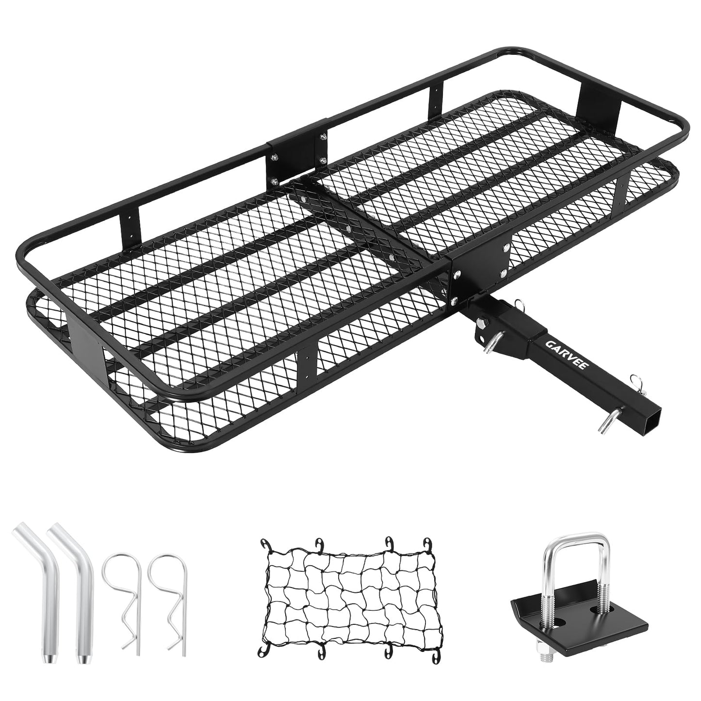 Garvee Folding Hitch Mount Cargo Carrier Basket 60" x 20" x 6", Hauling Weight Capacity of 500 Lbs with Folding Arm, Hitch Stabilizer, Cargo Net and Ratchet Straps