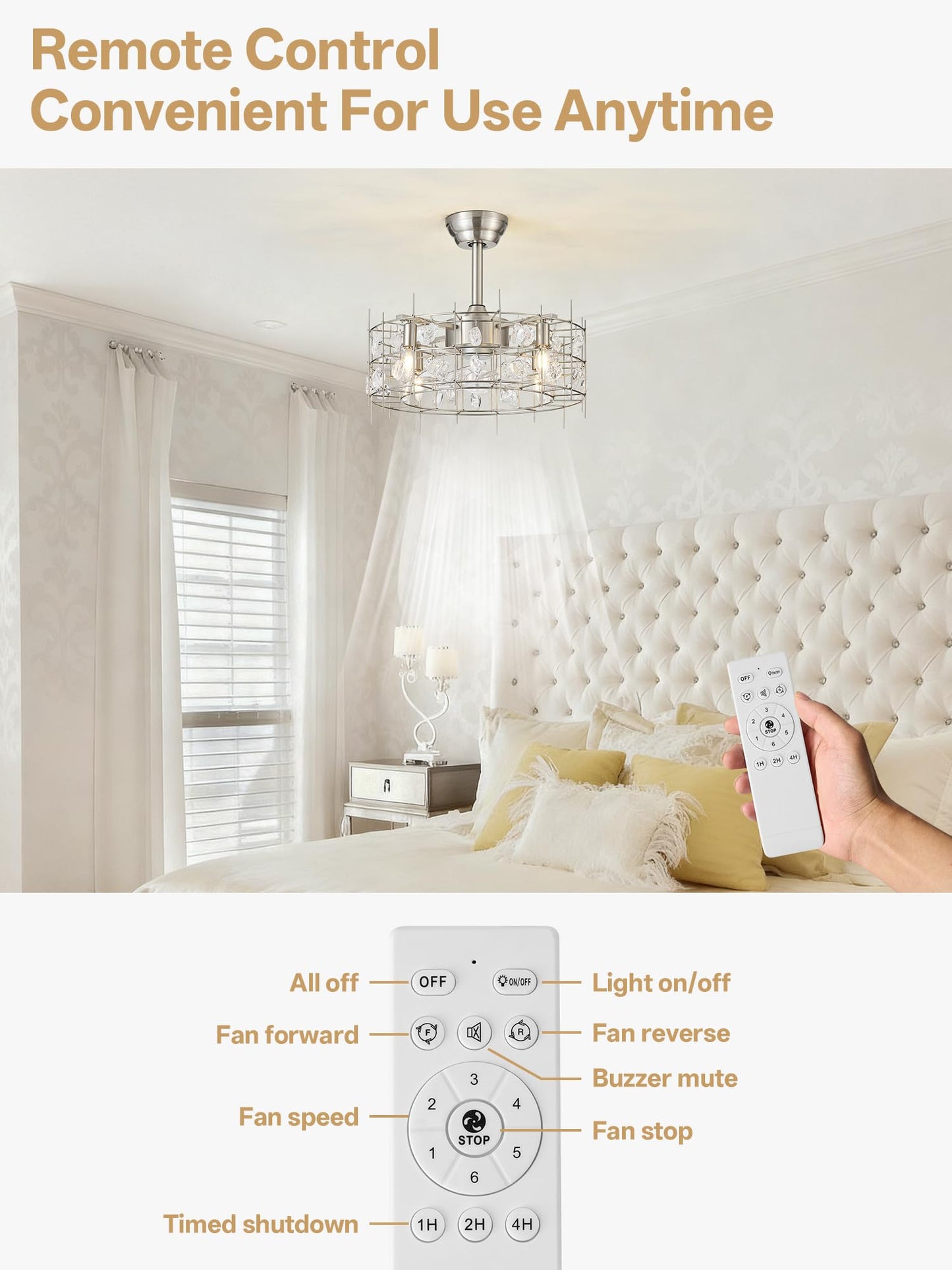 Bexilyny 20” Silver Crystal Chandelier Ceiling Fans, Silver Crystal Fandelier Ceiling Fan with Lights Caged, Remote Control 6 Speed for Living Room, Bedroom, Dining Room