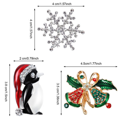 6 Pieces Rhinestone Crystal Christmas Brooch, Fashion Elegant Christmas Brooch Pins for Xmas Holiday Party Celebration, Snowflake, Penguin, Bell Bow Knot, Reindeer, Boots and Christmas Tree