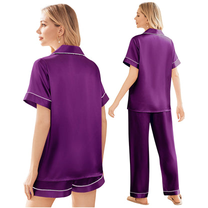 Ekouaer Silk Pajamas for Women Set Satin Pjs Soft Short Sleeve Button Down Sleepwear 3 Piece Loungewear S-XXL