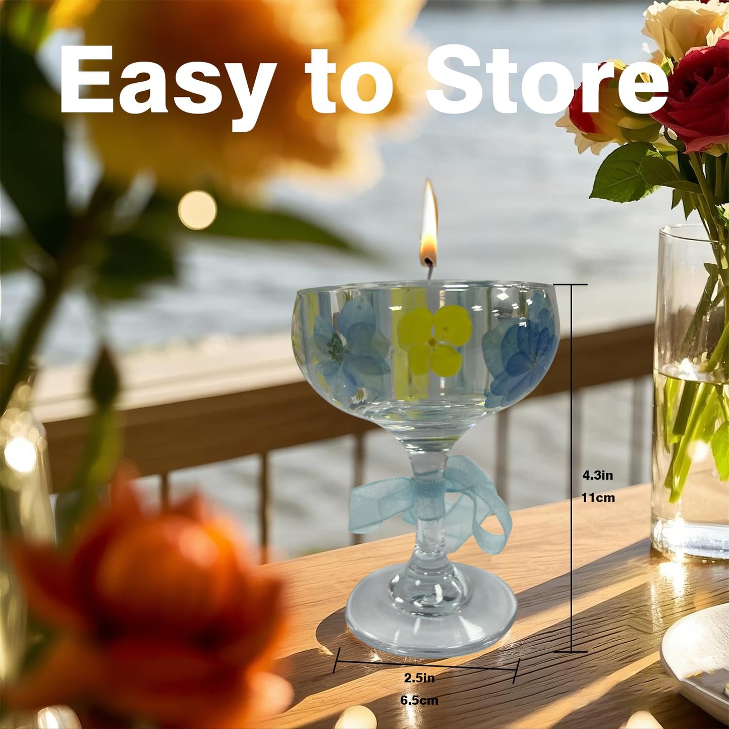 Glass Votive Candle Holders: Clear Candlestick Non-Tip Cups Pedestal Inlaid Dried Real Flowers - Handmade Crystal Modern Candleholders with Anti-Drip Rim for Wedding Centerpiece/Home Décor Gift （blue）
