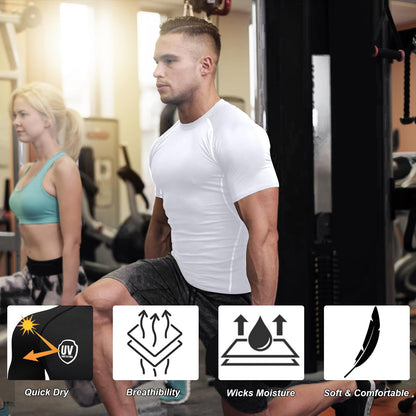 HYCOPROT Men's Compression Shirts Short Sleeve Athletic Workout T-Shirt Cool Dry Sports Baselayer Running Undershirts Tops White