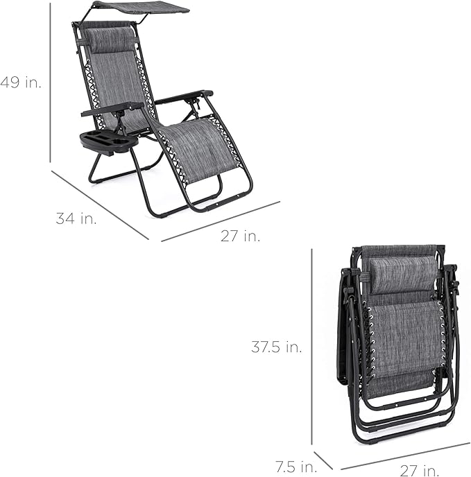Best Choice Products Folding Zero Gravity Outdoor Recliner Patio Lounge Chair w/Adjustable Canopy Shade, Headrest, Side Accessory Tray, Textilene Mesh - Gray