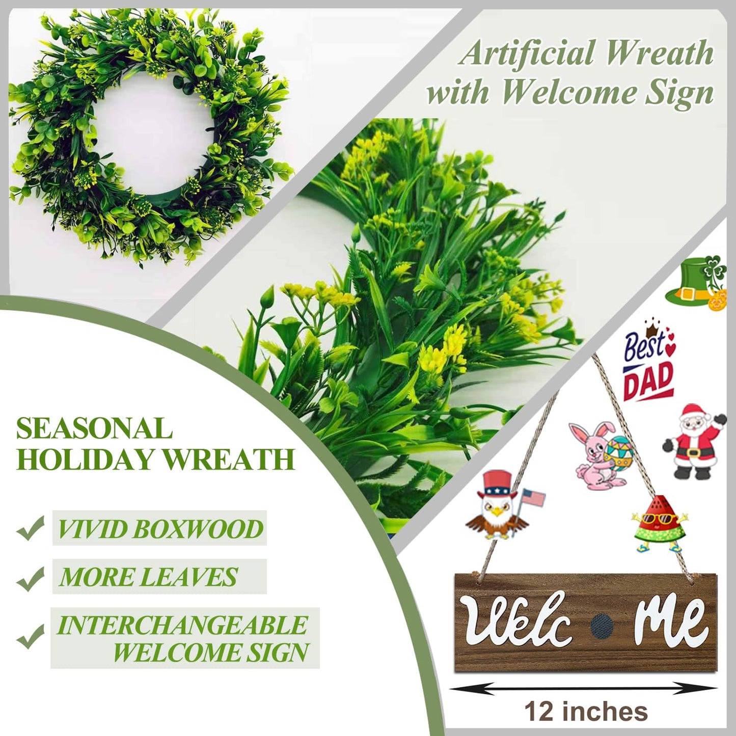 Artificial Boxwood Wreaths for Front Door, 16" Spring Summer Green Door Wreath with Welcome Sign for Holidays Wall Window Porch Farmhouse Decor Housewarming Gift